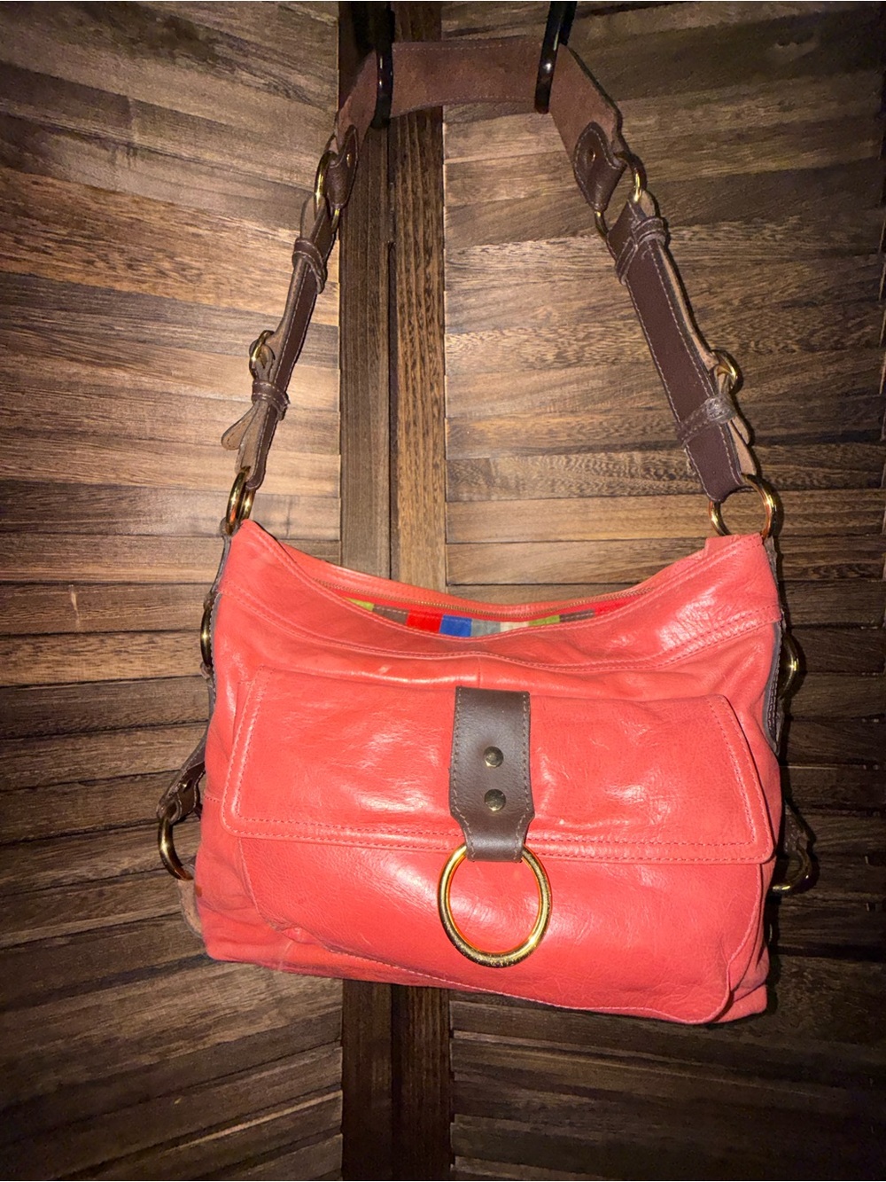 Tasche Coral Leather Shoulder Bag Stud Ring Hobo Brown Trim Boho